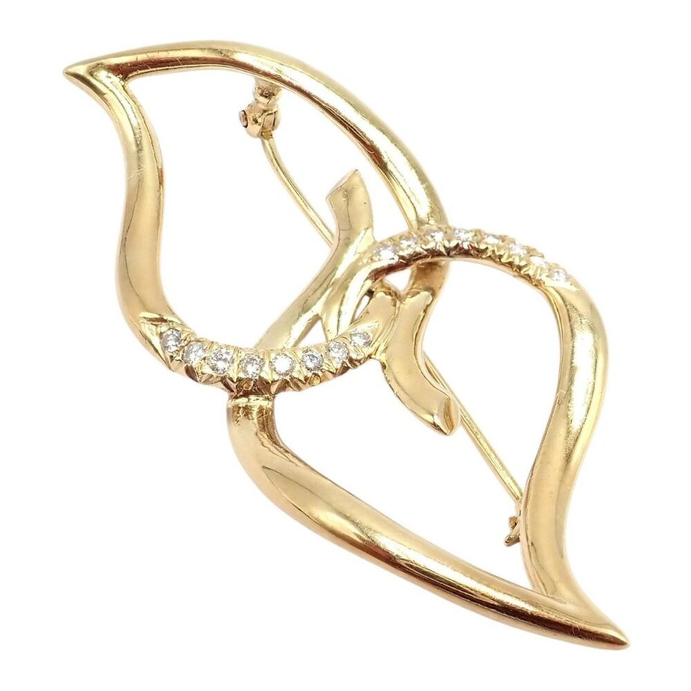 Authentic! Tiffany & Co 18k Yellow Gold Diamond Two Leaf Twin Brooch Pin 1987